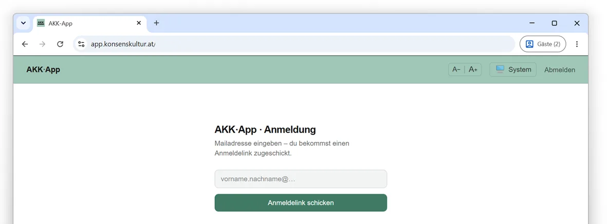 Die Anmeldeseite der AKK-App mit dem Feld für die Mailadresse und dem Knopf „Anmeldelink schicken“